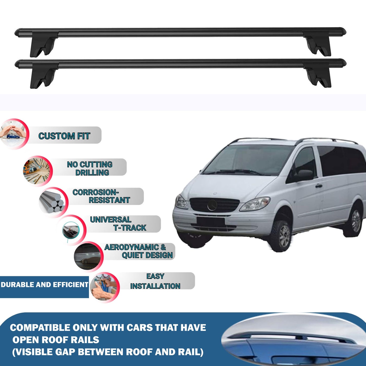 Lockable Roof Rack Cross Bars for Mercedes Vito W638/W639 2003-2014 | Heavy Duty Rail Carrier 2 Pcs Black