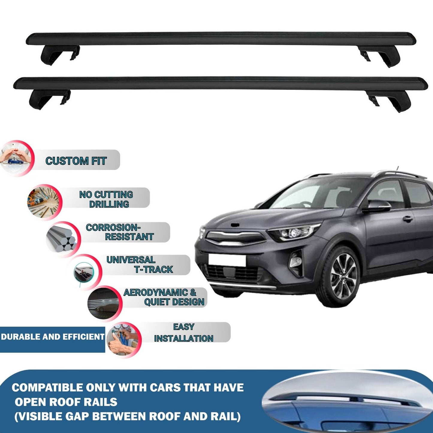 Roof Rack Cross Bars for Kia Stonic 2017-2023 Rail Carrier for Roof Tents 2 Pcs Black