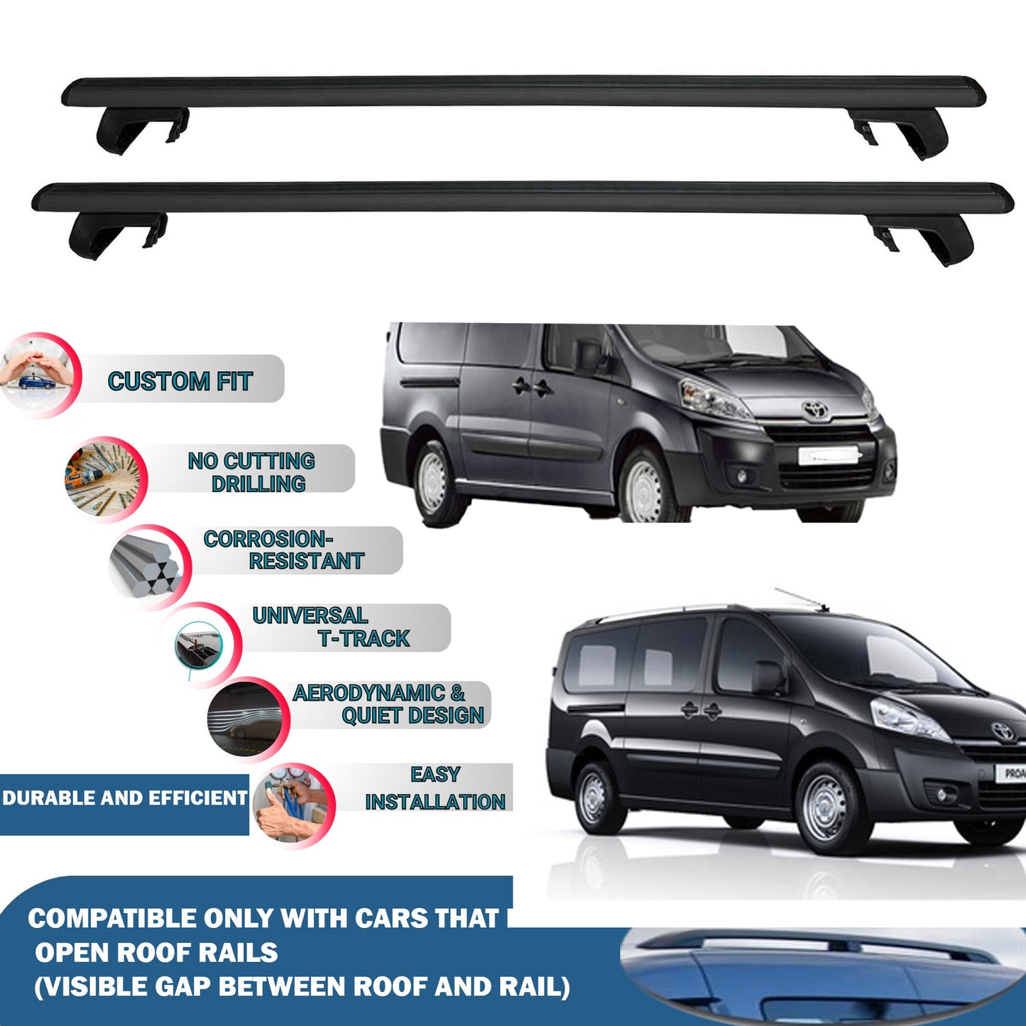 Roof Rack Cross Bars for Toyota Proace 2013-2016 Rail Carrier for Roof Tents 2 Pcs Black
