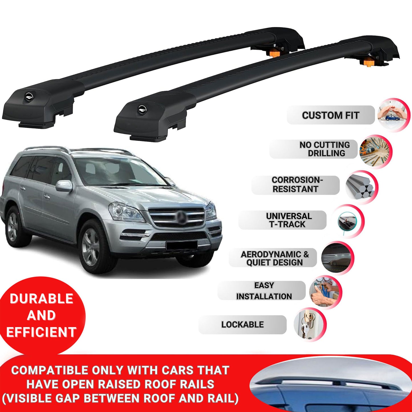 Roof Bar for Mercedes Gl-Class X164 2006-2012 Lockable Roof Rack Cross Bars 2 Pcs Black