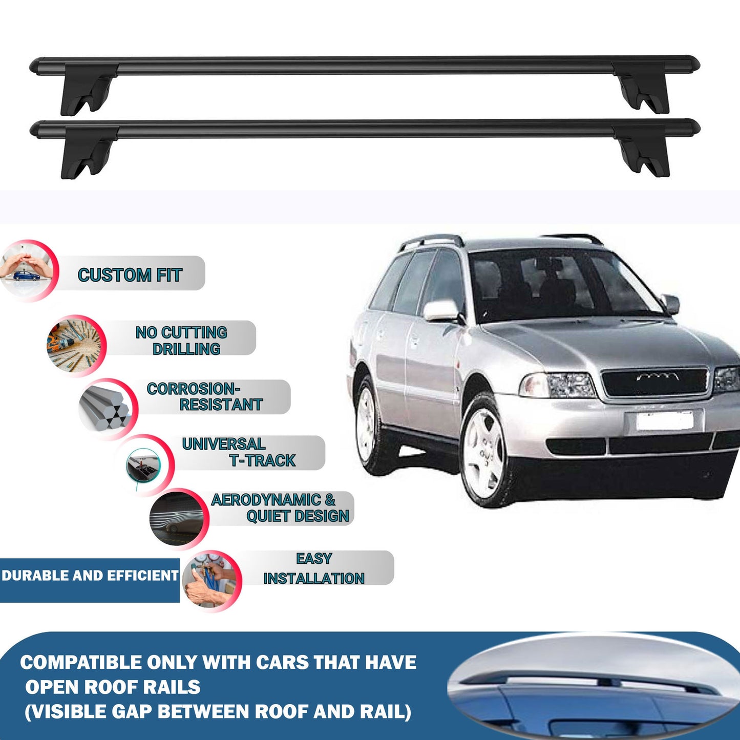 Lockable Roof Rack Cross Bars for Audi A4 Avant 1995-2001 | Heavy Duty Rail Carrier 2 Pcs Black