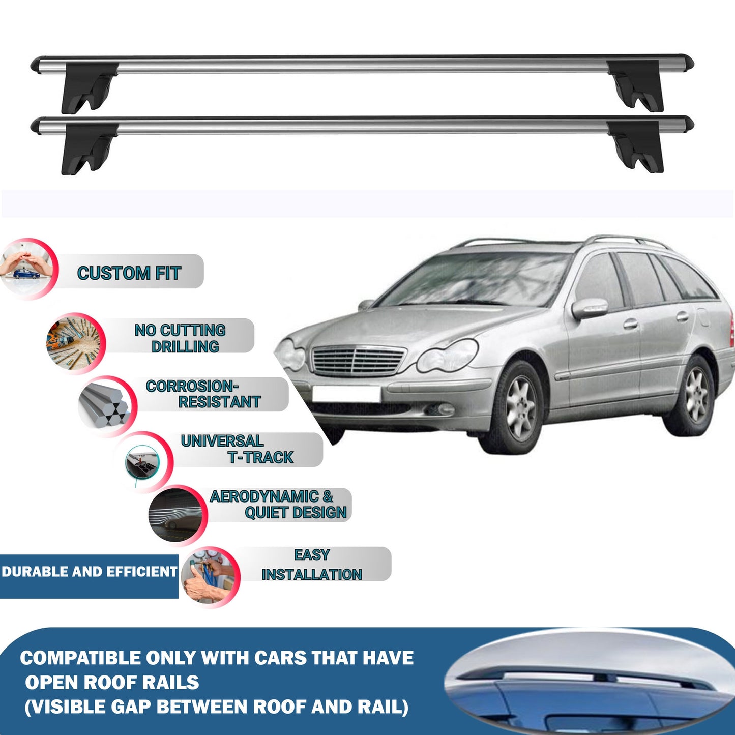 Lockable Roof Rack Cross Bars for Mercedes C Class S203 SW 2000-2007 | Heavy Duty Rail Carrier 2 Pcs Black