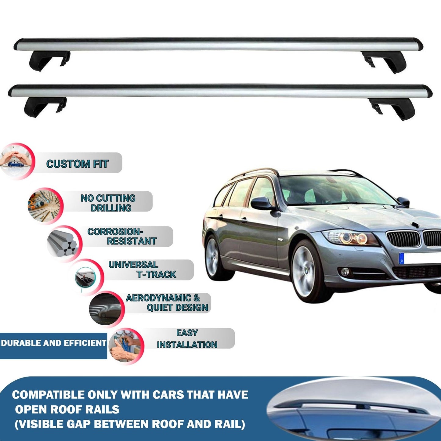 Roof Rack Cross Bars for BMW 3-Series Touring E91 2008-2012 Rail Carrier for Roof Tents 2 Pcs Grey