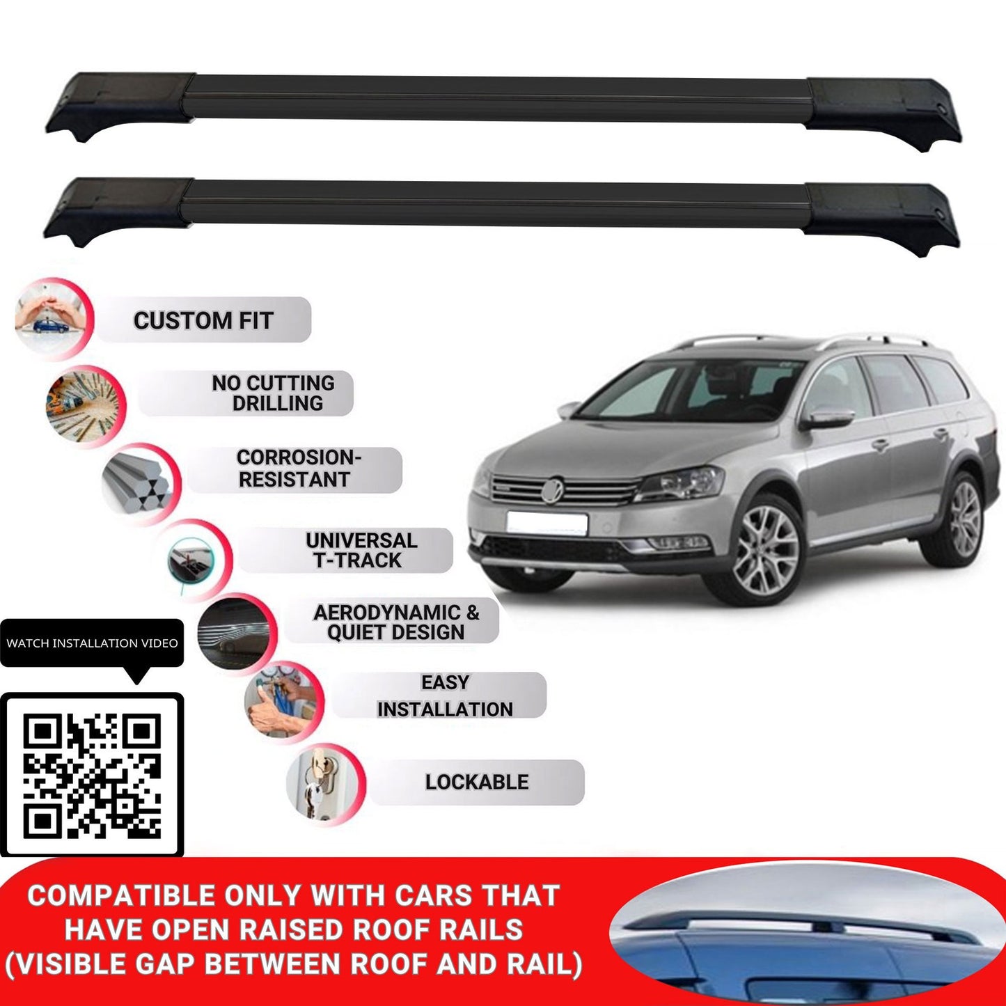 Roof Rack Cross Bars for Vw Passat Alltrack 2012-2015 Lockable Roof Bar 2 Pcs Black