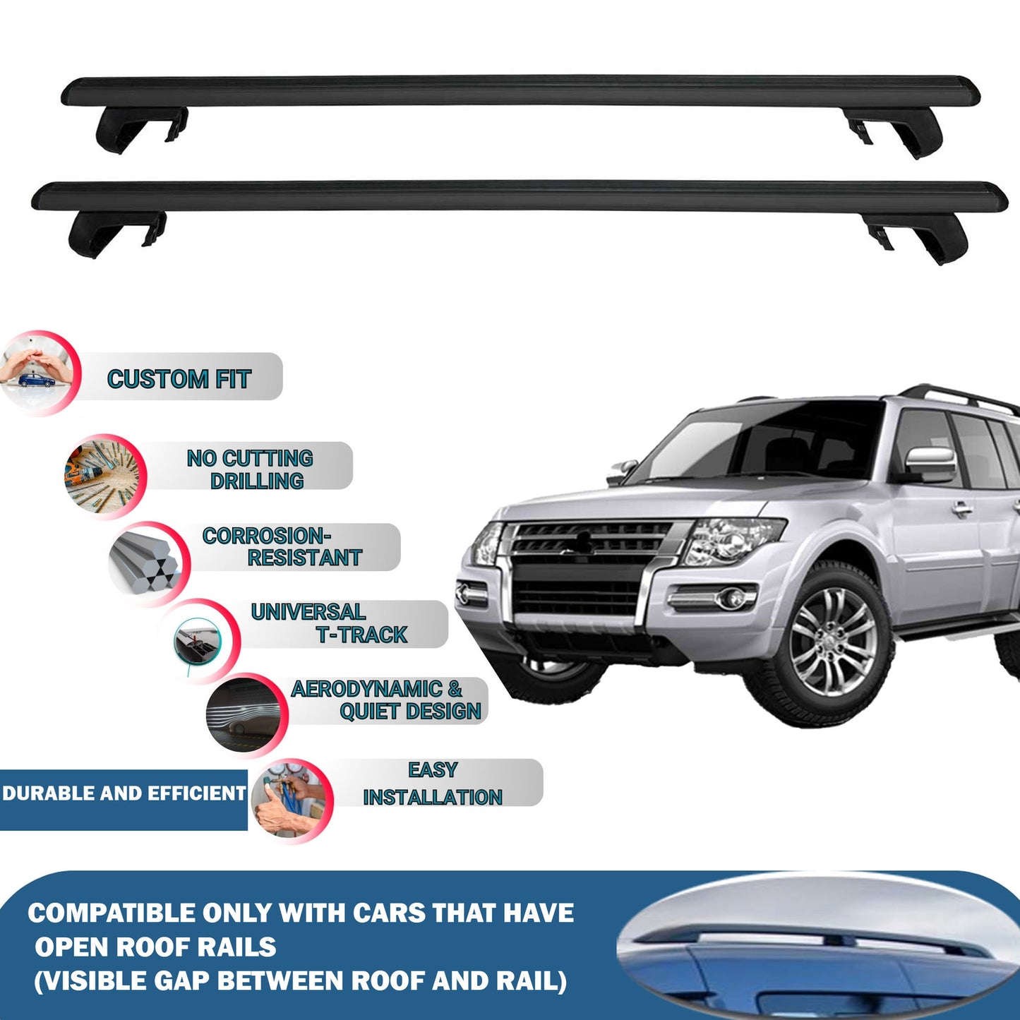 Roof Rack Cross Bars for Mitsubishi Pajero 2007-2021 Rail Carrier for Roof Tents 2 Pcs Black