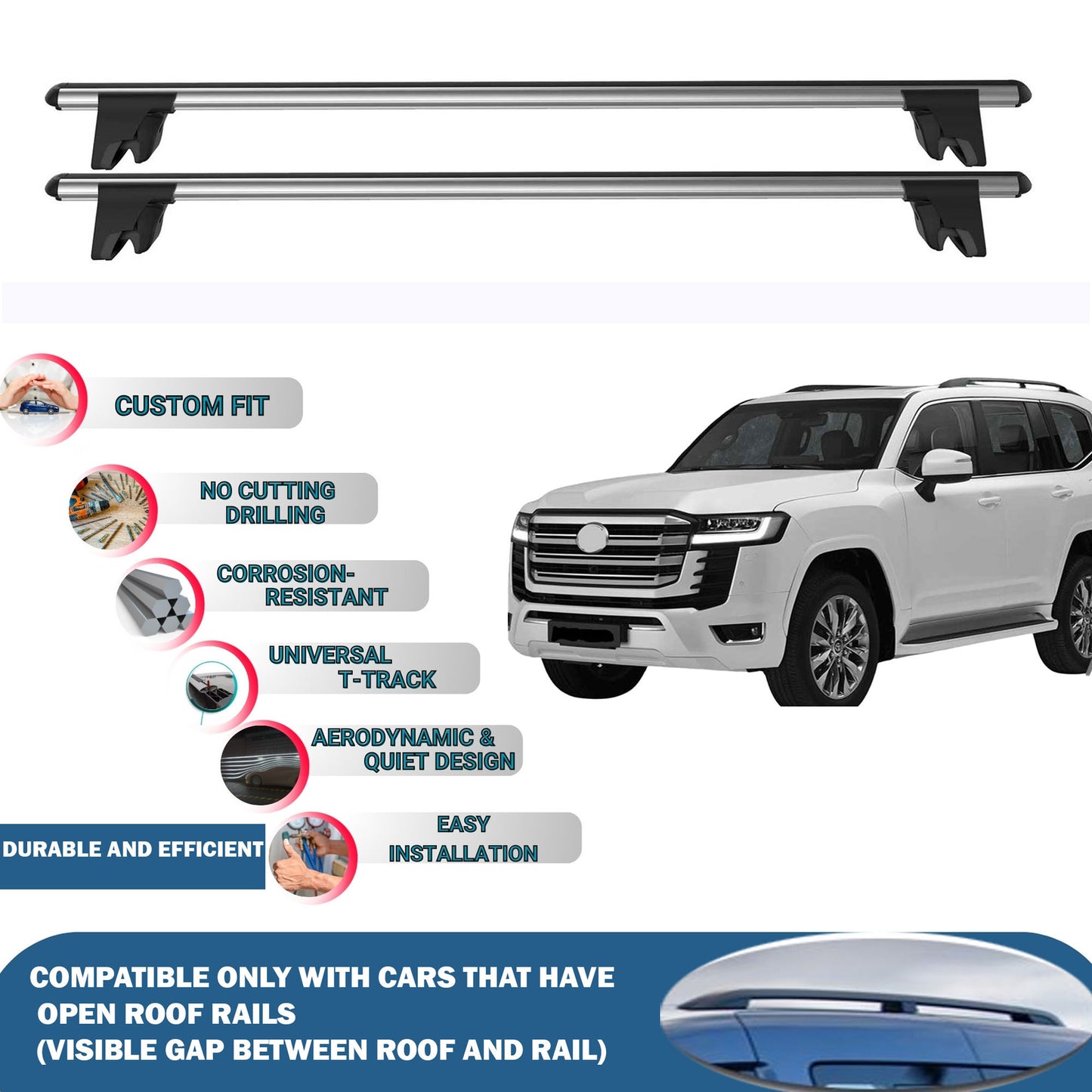 Lockable Roof Rack Cross Bars for Toyota Land Cruiser 2021-2024 | Heavy Duty Rail Carrier 2 Pcs Grey