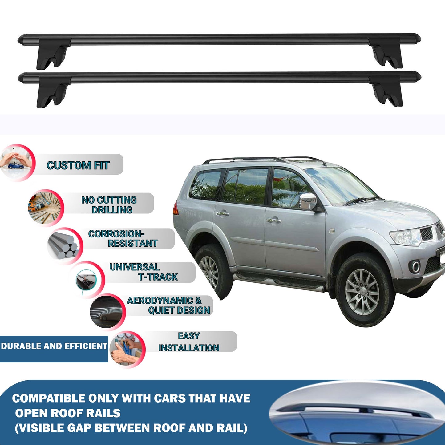 Lockable Roof Rack Cross Bars for Mitsubishi Pajero Sport 5D 2009-2016 | Heavy Duty Rail Carrier 2 Pcs Black