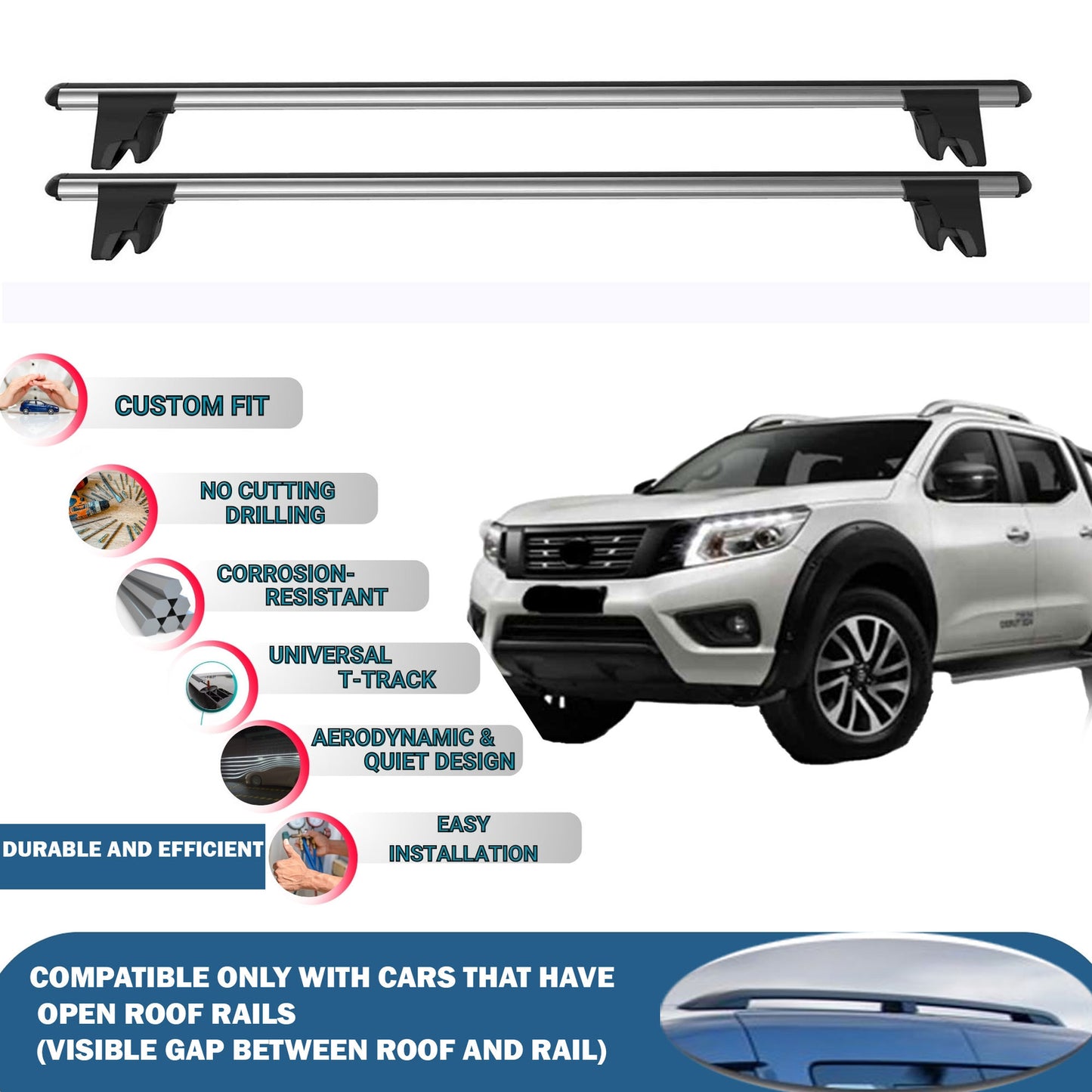 Lockable Roof Rack Cross Bars for Nissan Navara 2010-2023 | Heavy Duty Rail Carrier 2 Pcs Grey