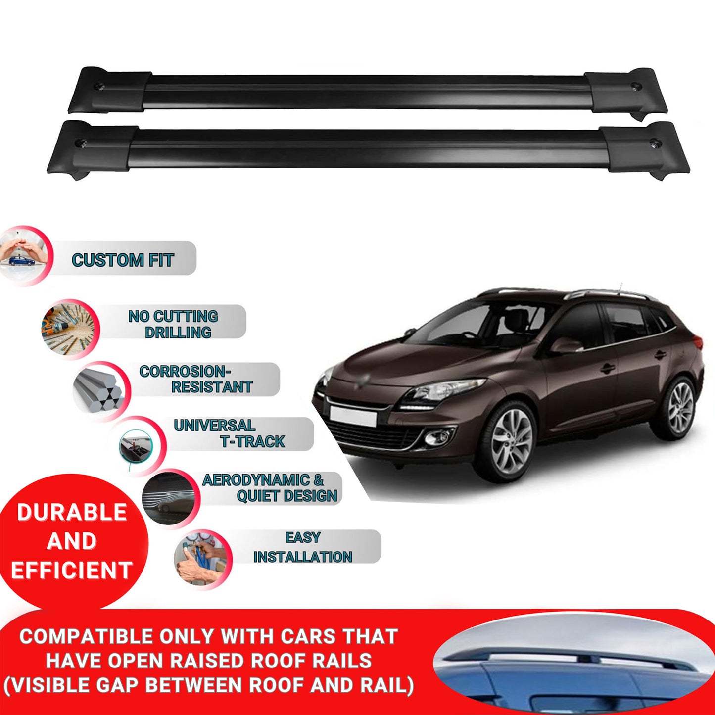 Roof Racks Cross Bars For Renault Megane 3 Sporttourer /Sw 2009-2015 2 Pcs Black