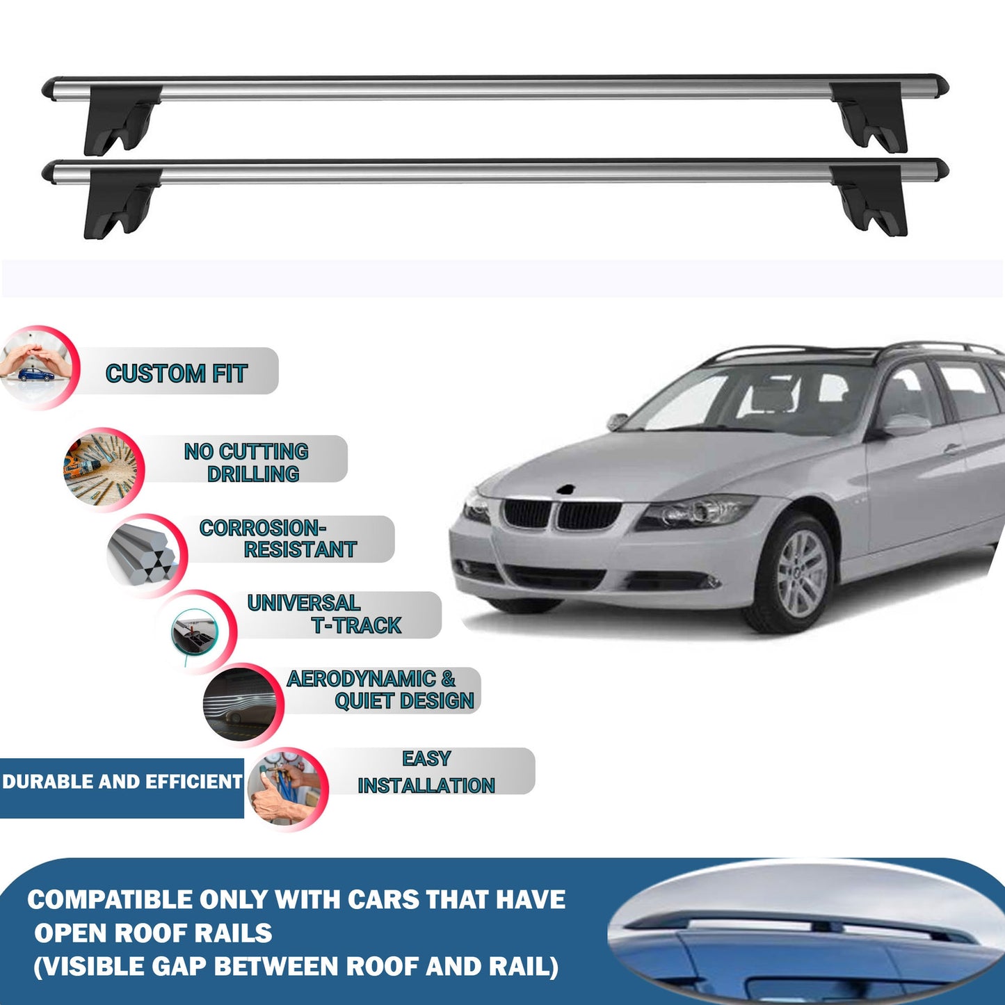 Lockable Roof Rack Cross Bars for BMW 3-Series Touring/Estate E46 2002-2005 | Heavy Duty Rail Carrier 2 Pcs Grey