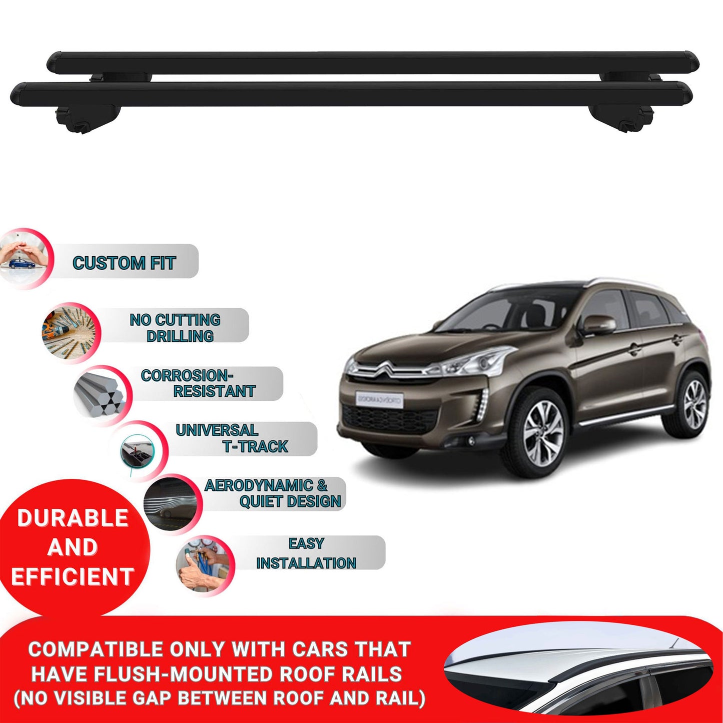 Roof Bars For Citroen C4 Aircross 2012-2017 Roof Rack Cross Bars 2 Pcs Black