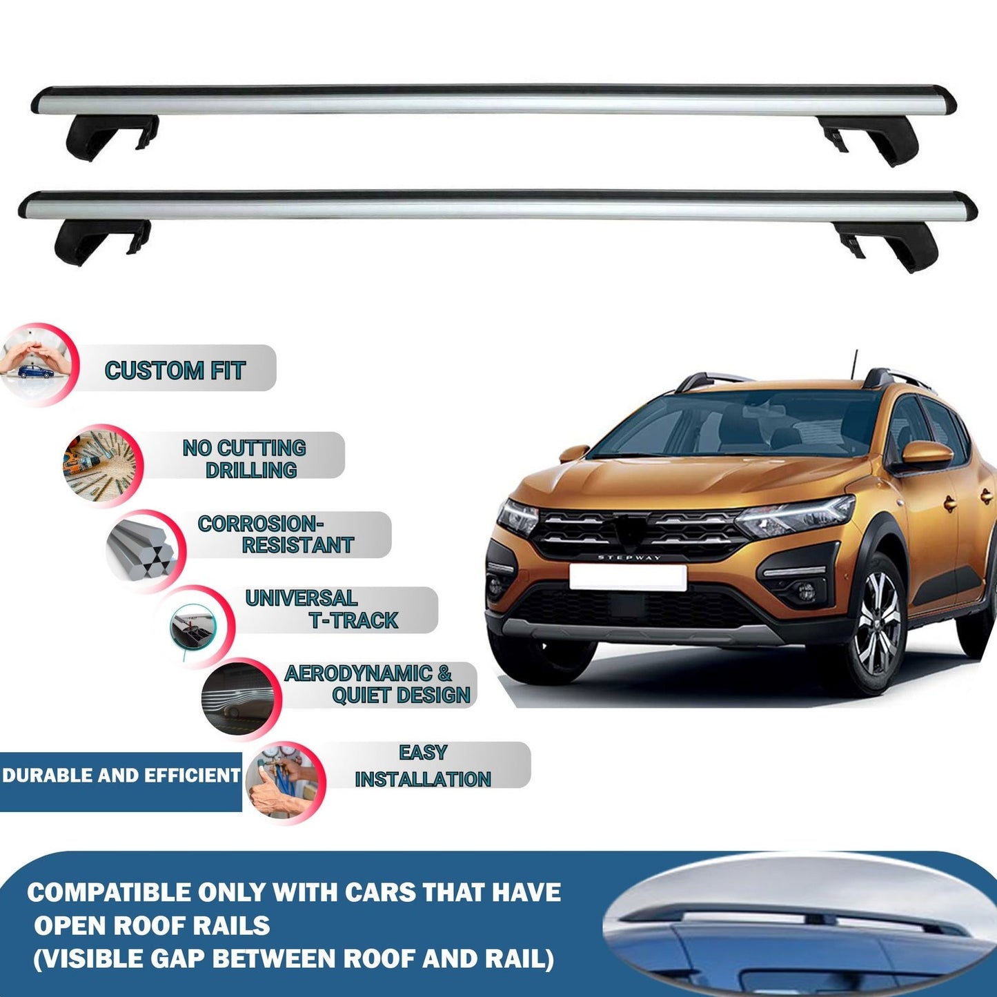 Roof Rack Cross Bars for Dacia Sandero/Stepway 2021-2023 Rail Carrier for Roof Tents 2 Pcs Grey