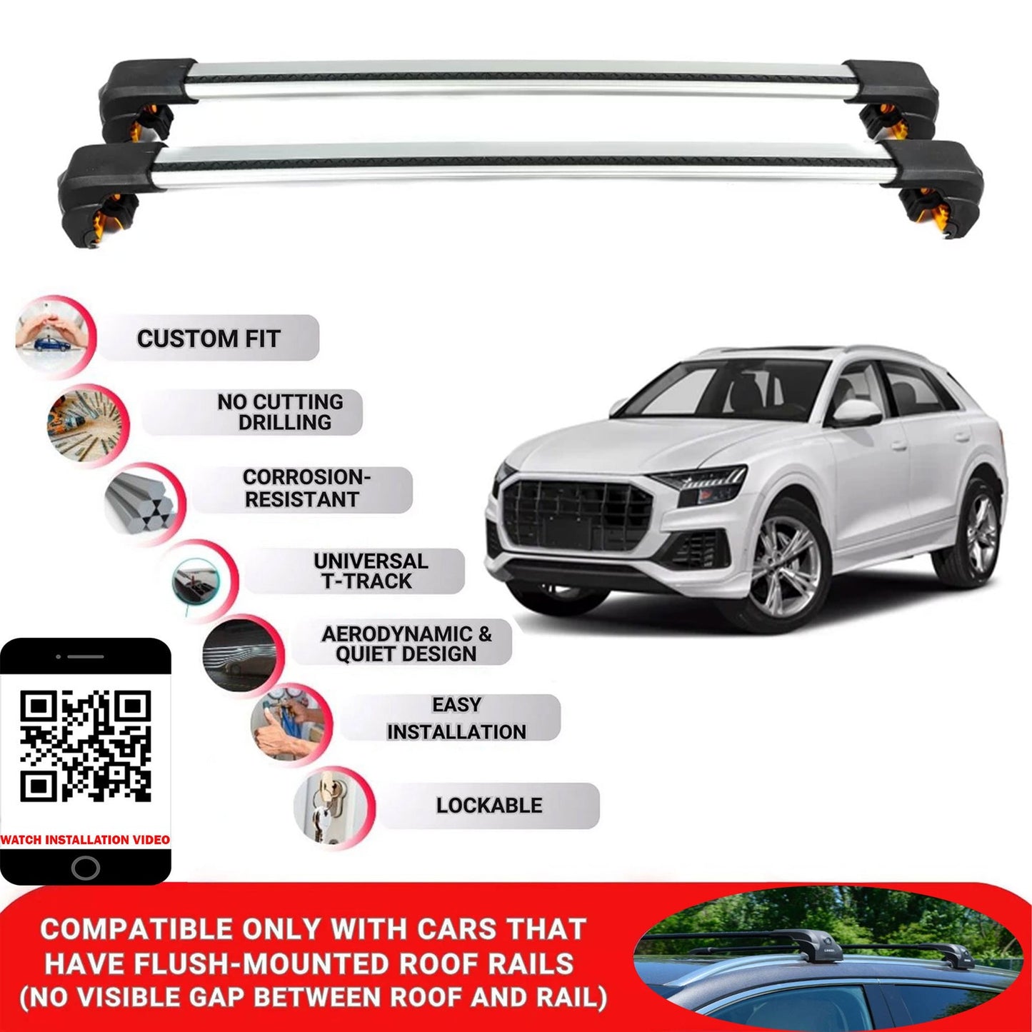 Premium Roof Bars For Audi Q8 Suv 2019+ Secure Roof Rack Cross Bar 2 Pcss Secure Grey