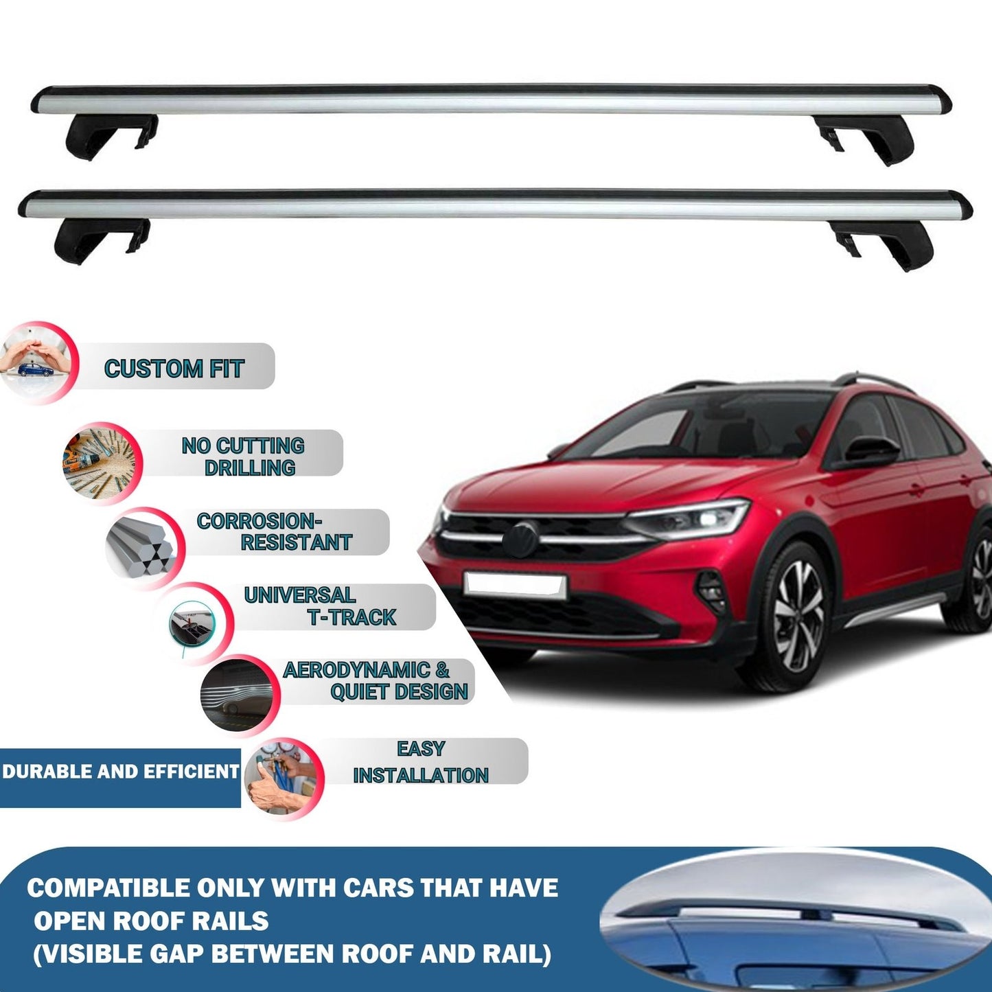 Roof Rack Cross Bars for Volkswagen Taigo 2019 Onwards Rail Carrier for Roof Tents 2 Pcs Grey