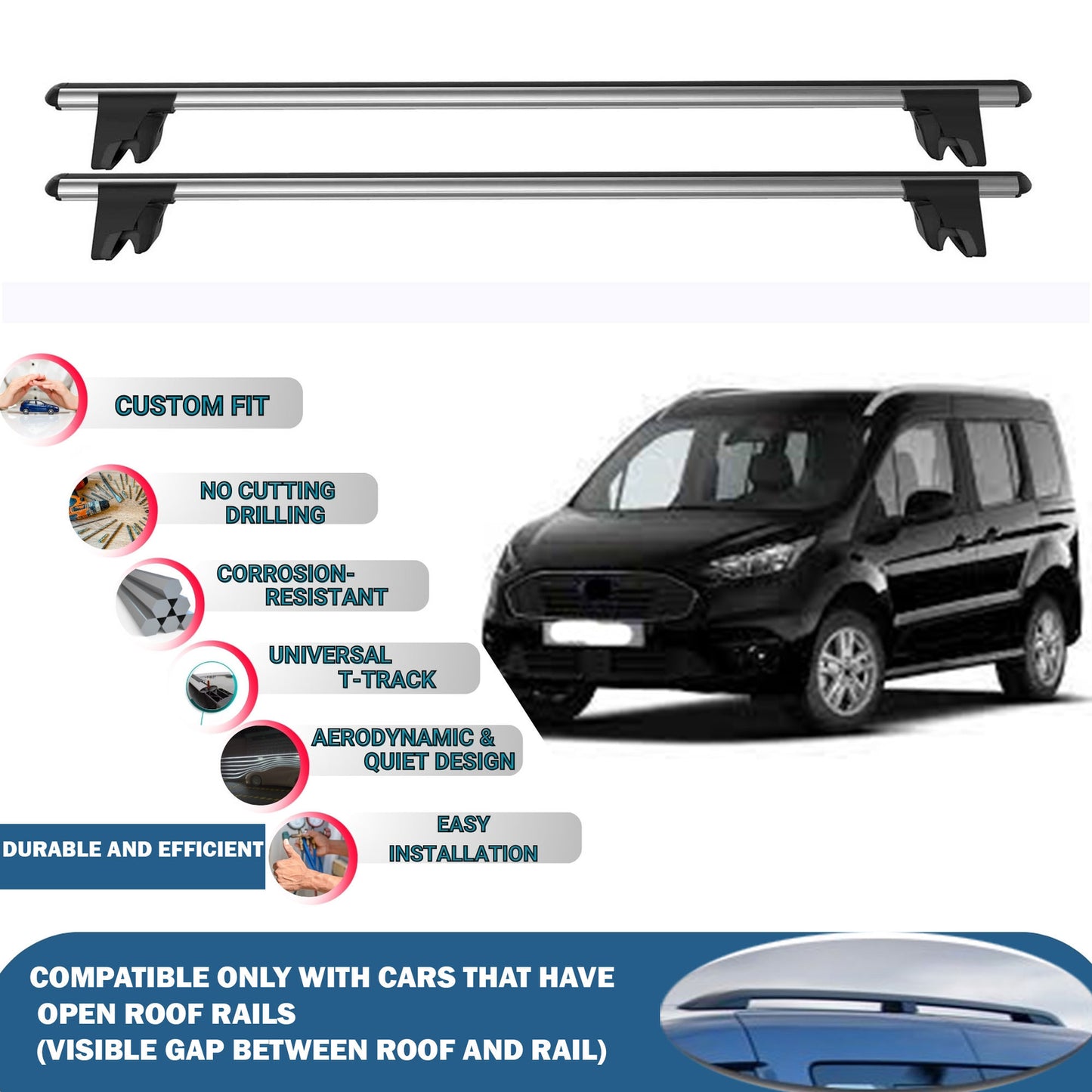 Lockable Roof Rack Cross Bars for Ford Connect 2 2014+ | Heavy Duty Rail Carrier 2 Pcs Grey