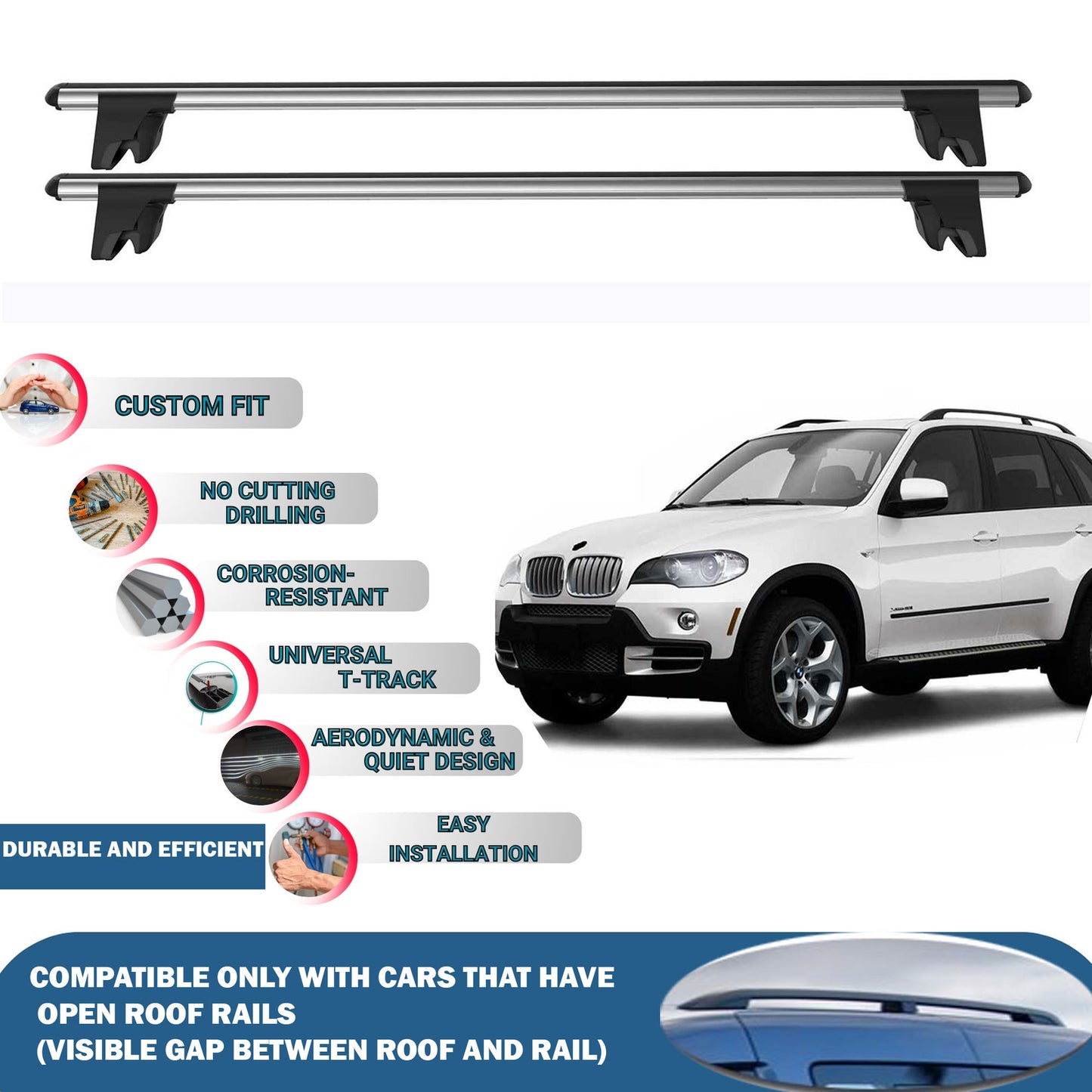 Lockable Roof Rack Cross Bars for Bmw X5 2007-2013 | Heavy Duty Rail Carrier 2 Pcs Grey