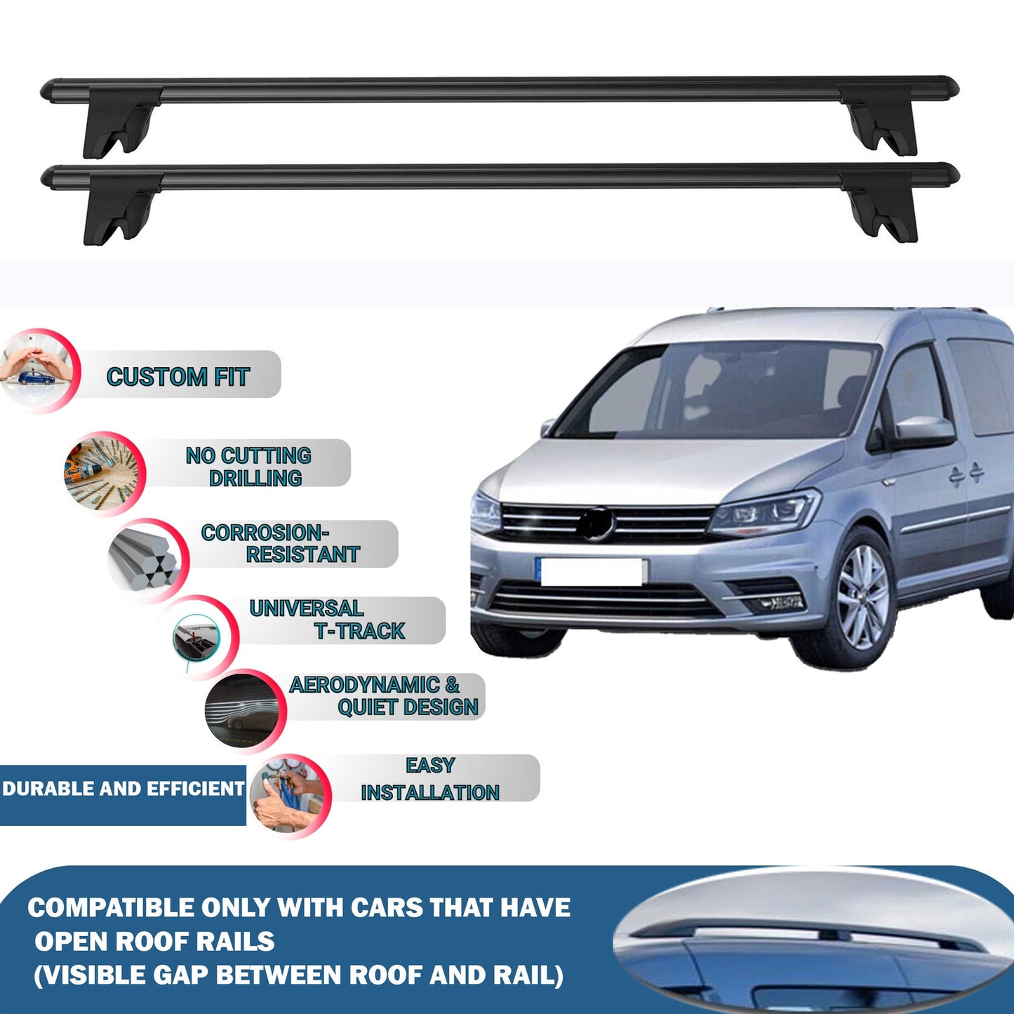 Car Roof Rack Cross Bars for Volkswagen Caddy 2015-2020 Kayak Roof Rack 4Pcs BLK