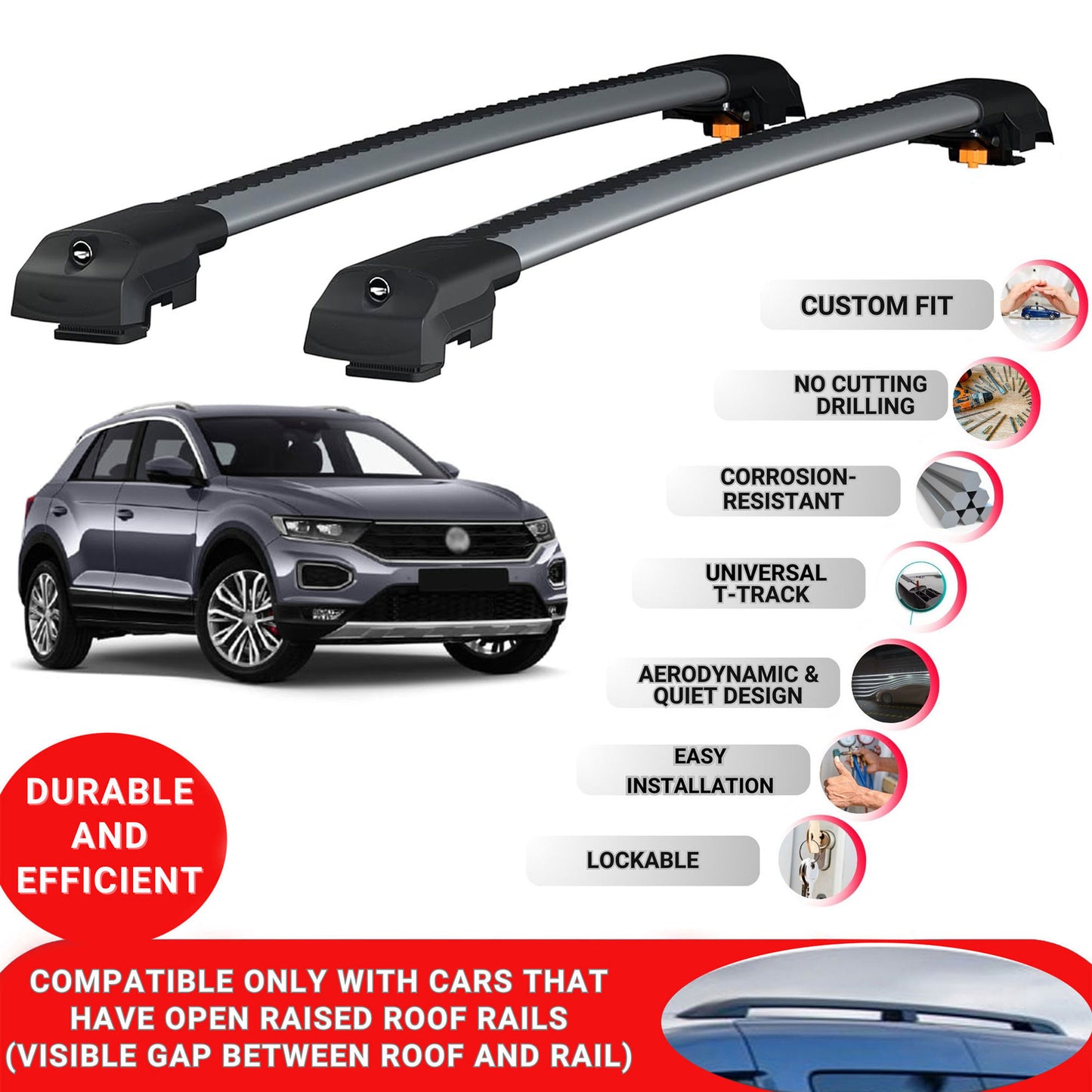 Roof Bar for Vw T-Roc 2017-2024 Lockable Roof Rack Cross Bars 2 Pcs Grey
