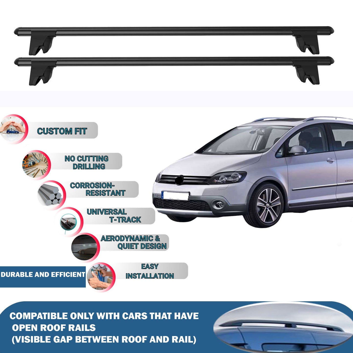 Lockable Roof Rack Cross Bars for Vw Golf Plus 2009-2014 | Heavy Duty Rail Carrier 2 Pcs Black