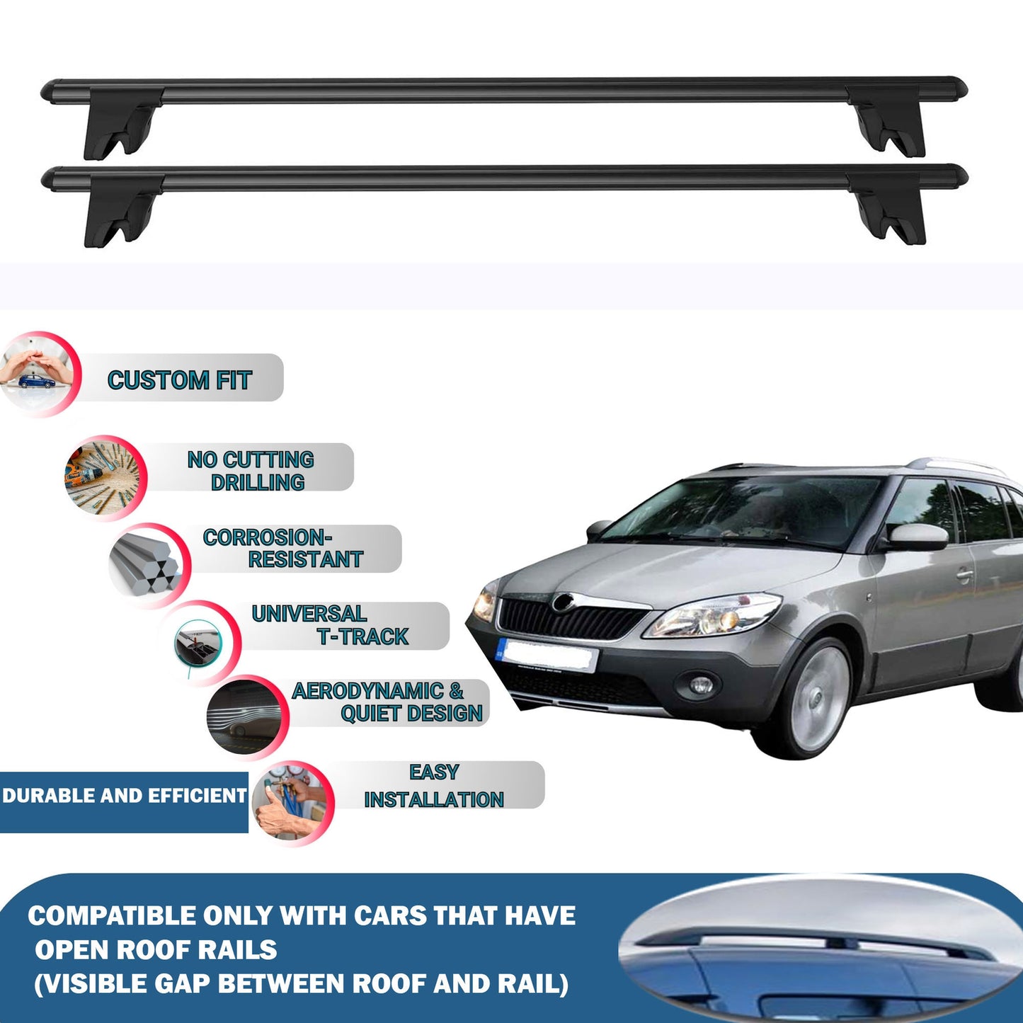 Lockable Roof Rack Cross Bars for Skoda Fabia Scout SW 2009-2014 | Heavy Duty Rail Carrier 2 Pcs Black