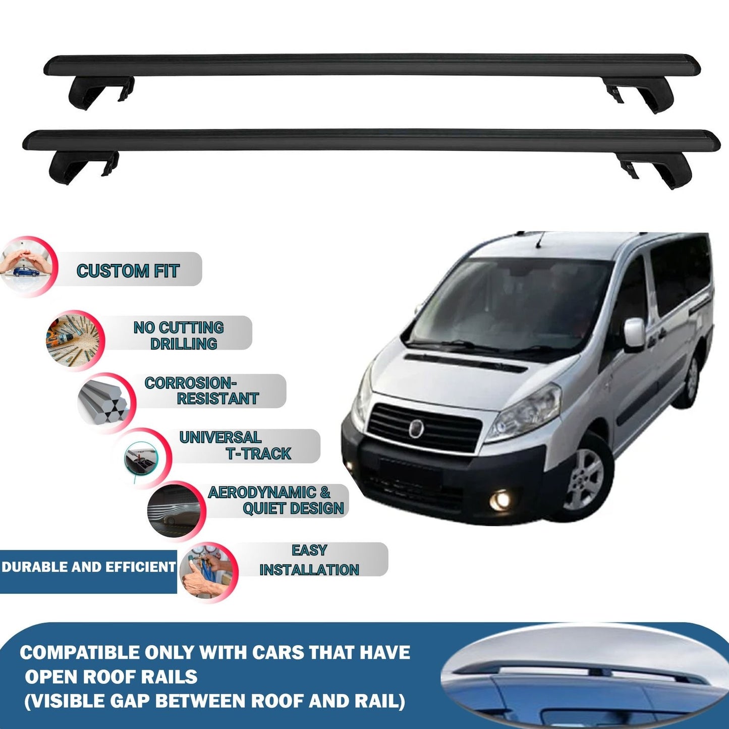 Roof Rack Cross Bars for Fiat Scudo 2007-2016 Rail Carrier for Roof Tents 2 Pcs Black