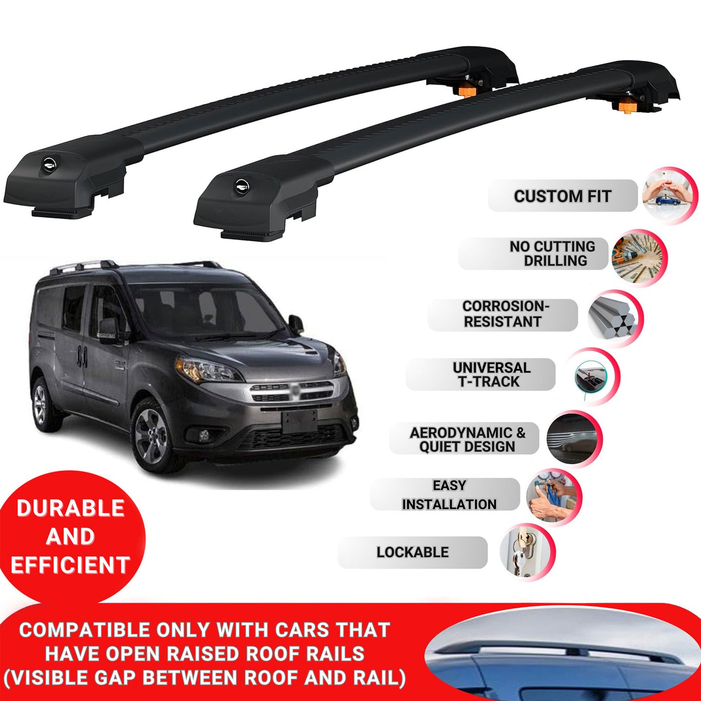 Roof Bar for Ram V1000 2010-2022 Lockable Roof Rack Cross Bars 2 Pcs Black