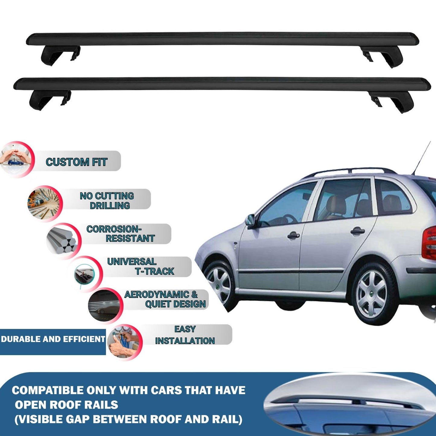 Roof Rack Cross Bars for Skoda Fabia Wagon 2001-2008 Rail Carrier for Roof Tents 2 Pcs Black