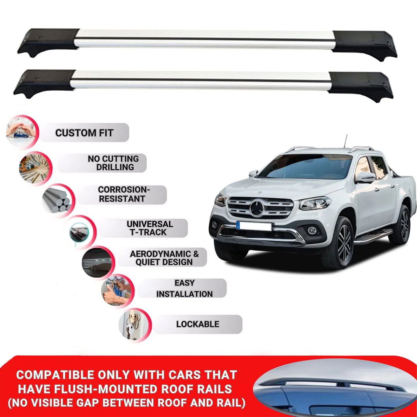 2X Car Roof Rack for Mercedes X Class 2017-2020 Lockable Roof Bars Grey