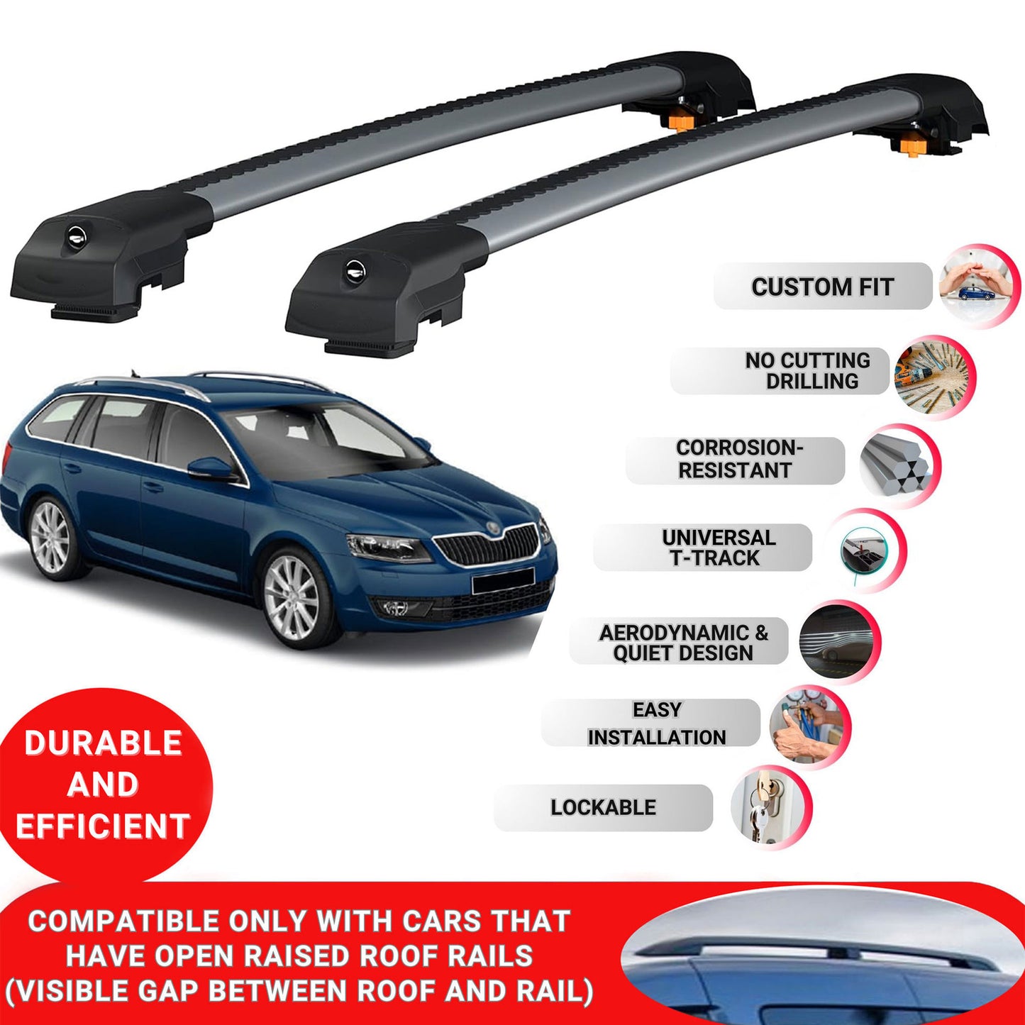 Roof Bar for Skoda Octavia Estate 2012-2017 Lockable Roof Rack Cross Bars 2 Pcs Grey