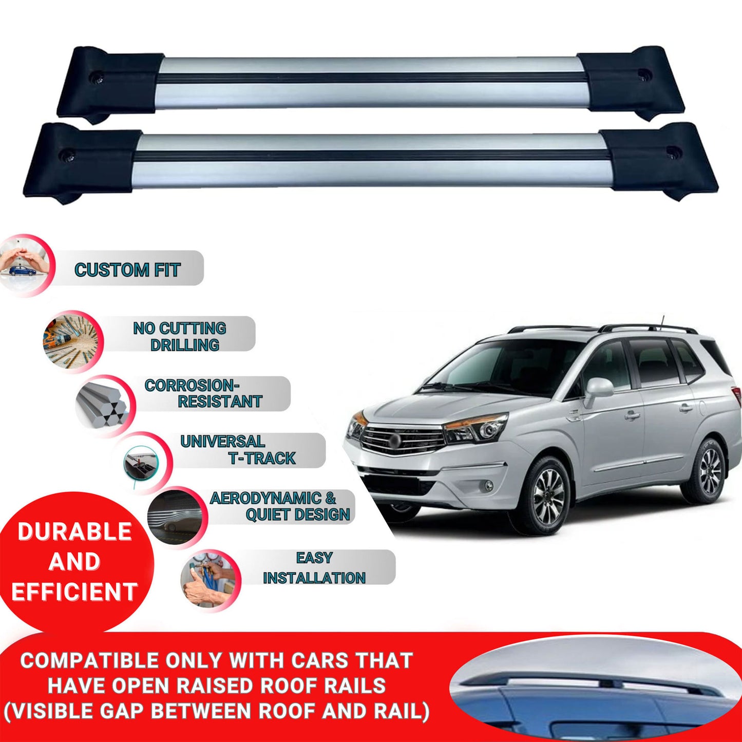 Roof Racks Cross Bars For Ssangyong Rodius 2 2013-2018 2 Pcs Grey