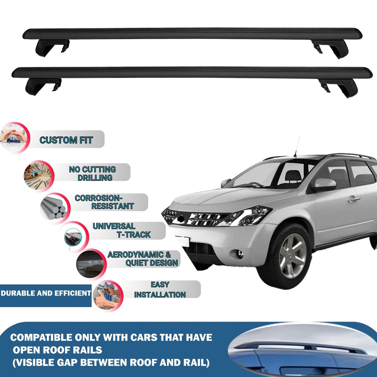 Roof Rack Cross Bars for Nissan Murano 2003-2007 Rail Carrier for Roof Tents 2 Pcs Black