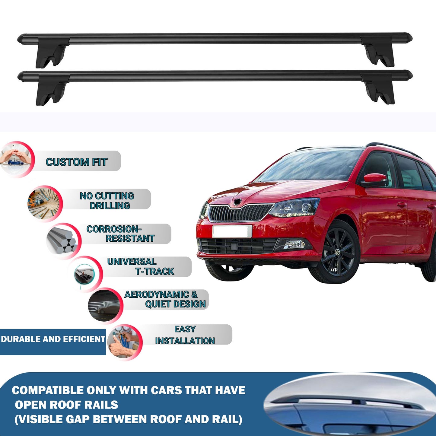 Lockable Roof Rack Cross Bars for Skoda Fabia Wagon 2015-2021 | Heavy Duty Rail Carrier 2 Pcs Black
