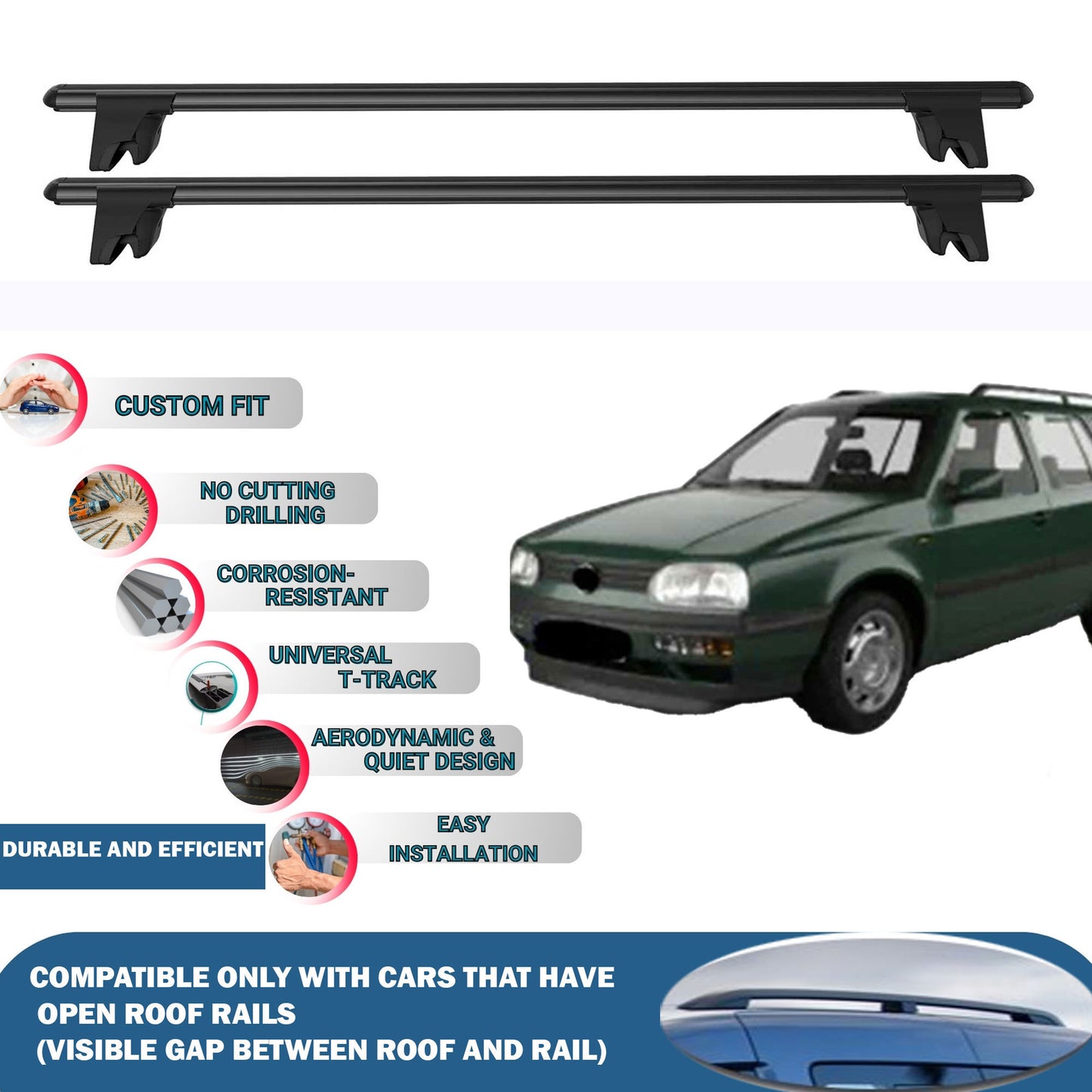Lockable Roof Rack Cross Bars for Vw Golf III Variant 1994-1998 | Heavy Duty Rail Carrier 2 Pcs Black