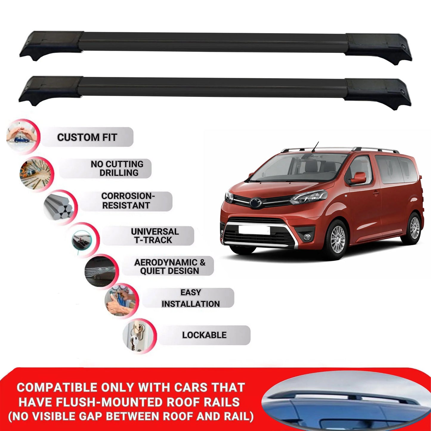 2X Car Roof Rack for Toyota Proace/Proace Verso 2017+ Lockable Roof Bars Black