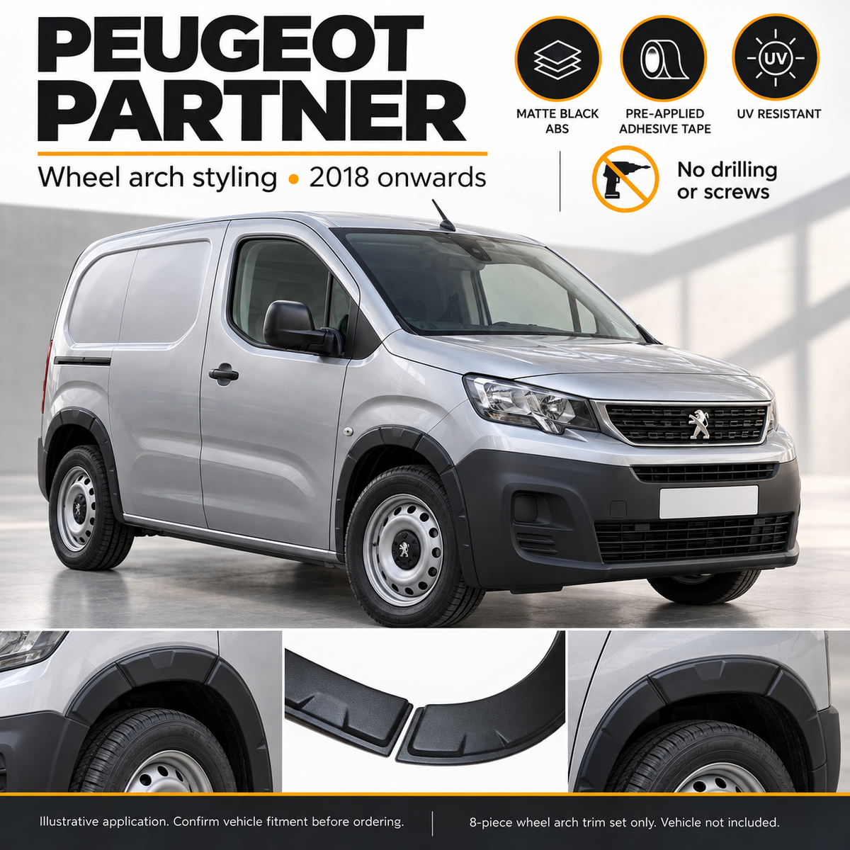 Wheel Arch Trims Fender Flares for Peugeot Partner K9 2018+ Black ABS 8 Pcs Set