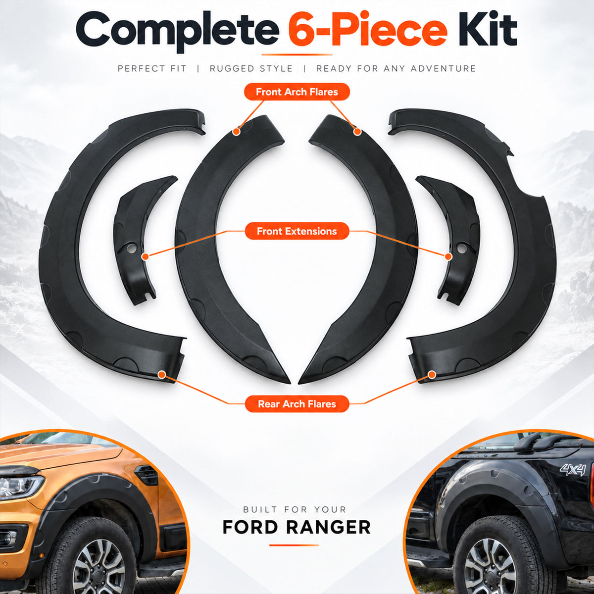 Wheel Arch Trims for Ford Ranger Wildtrak 2015-2022 6pc Black ABS Kit