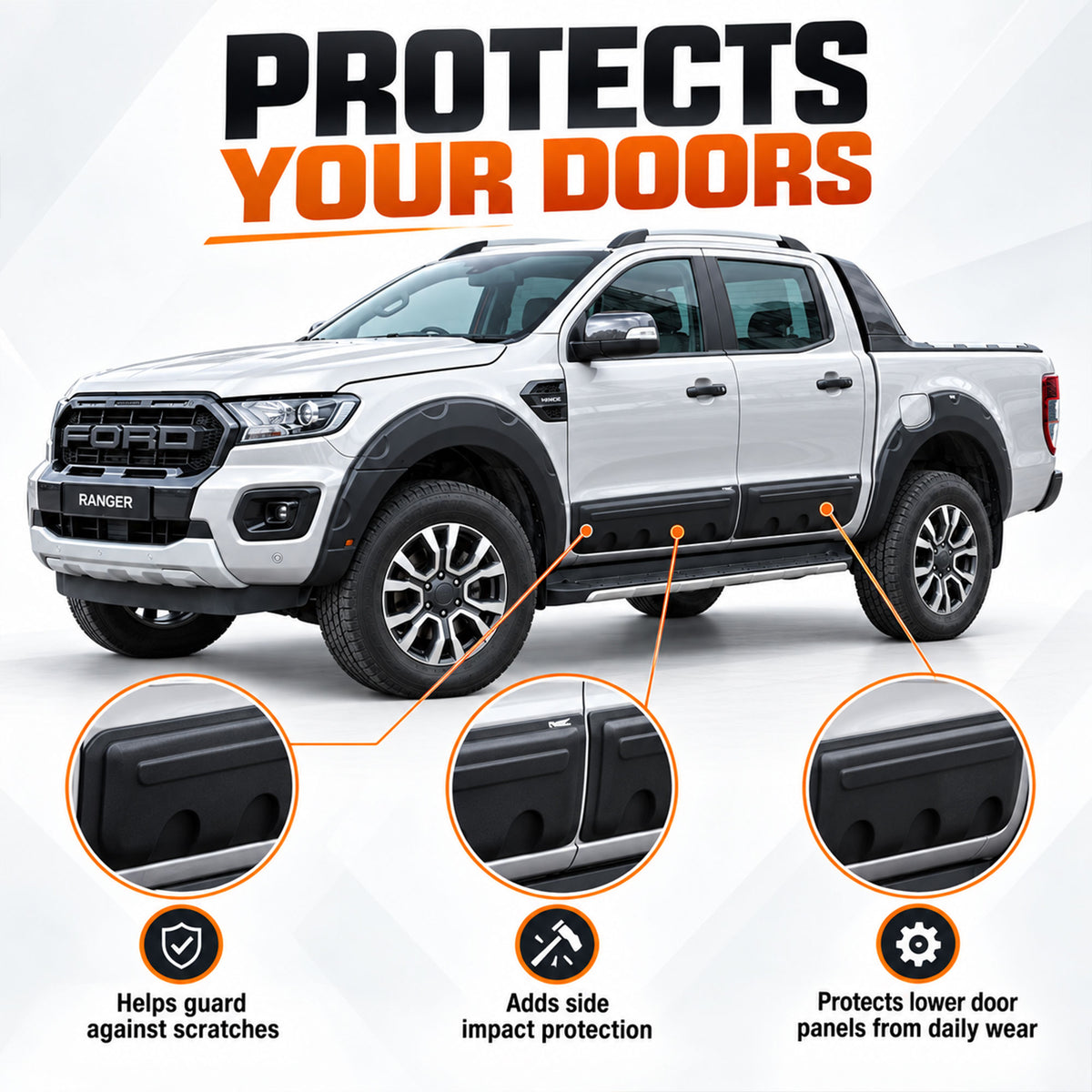 Side Door Cladding for Ford Ranger 2015-2022 4pc Black ABS Body Mouldings