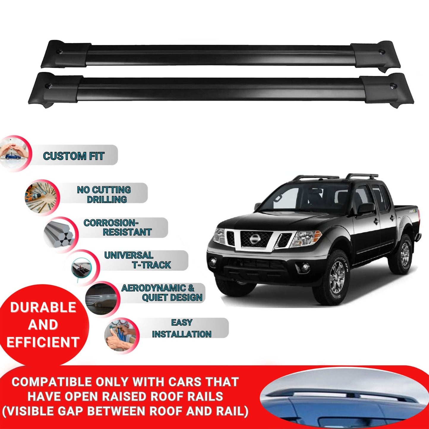 Roof Racks Cross Bars For Nissan Navara 2016-2023 2 Pcs Black