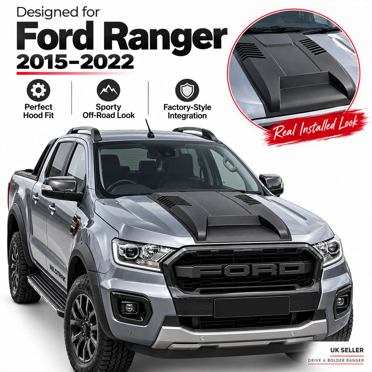 Bonnet Protector Scoop for Ford Ranger 2015-2022 Matte Black Stone Guard