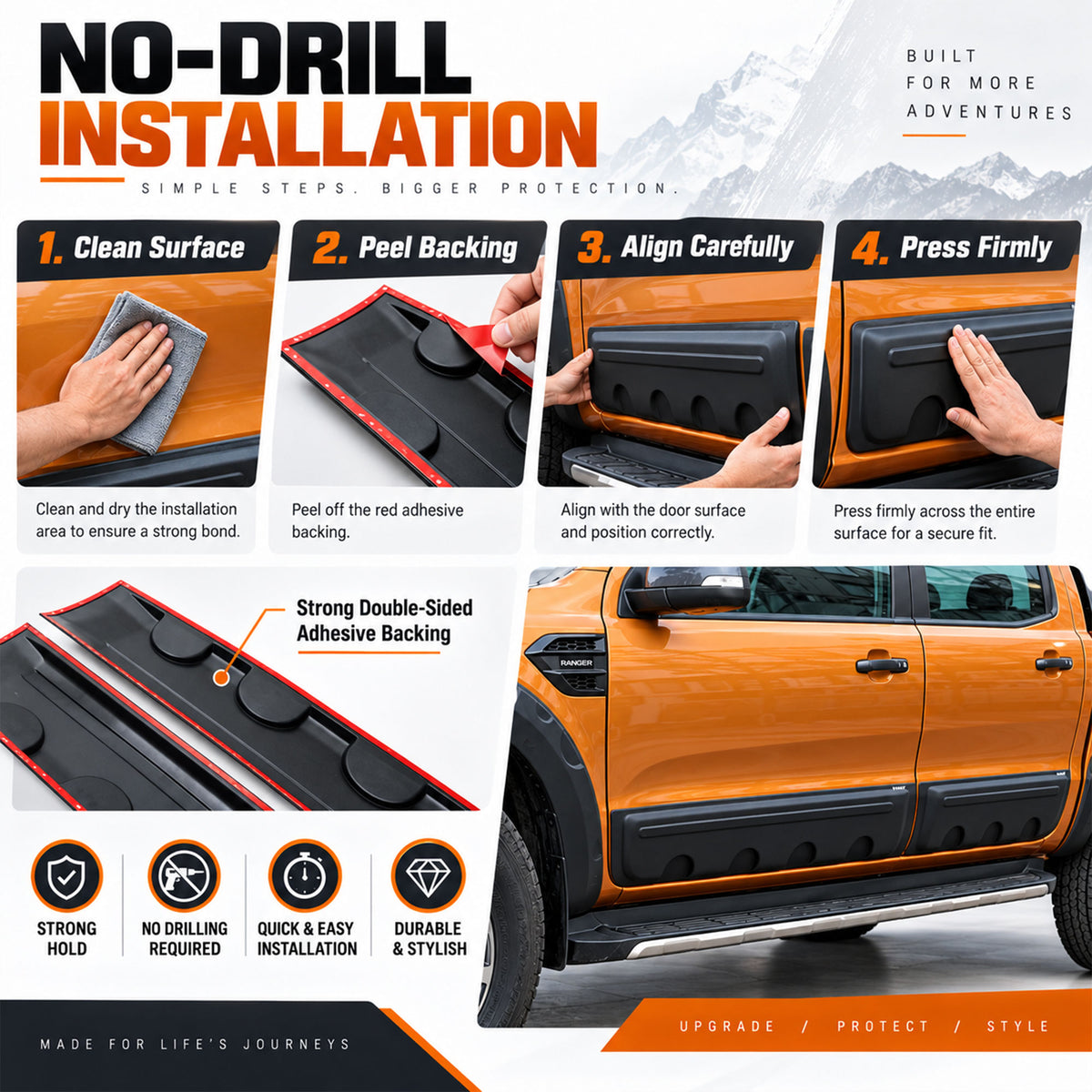 Side Door Cladding for Ford Ranger 2015-2022 4pc Black ABS Body Mouldings