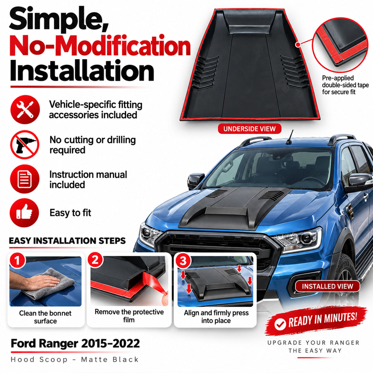 Bonnet Protector Scoop for Ford Ranger 2015-2022 Matte Black Stone Guard