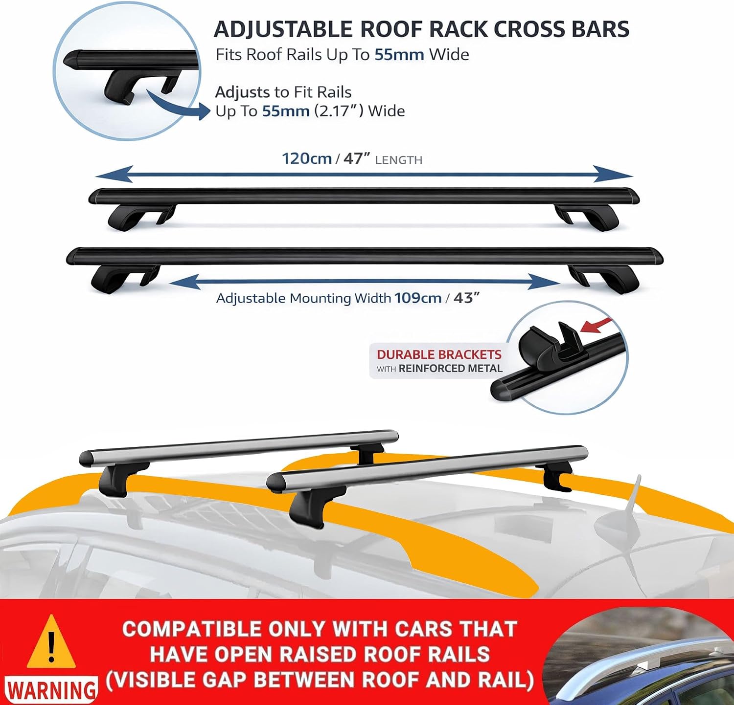 Roof bars fitted to open raised roof rails