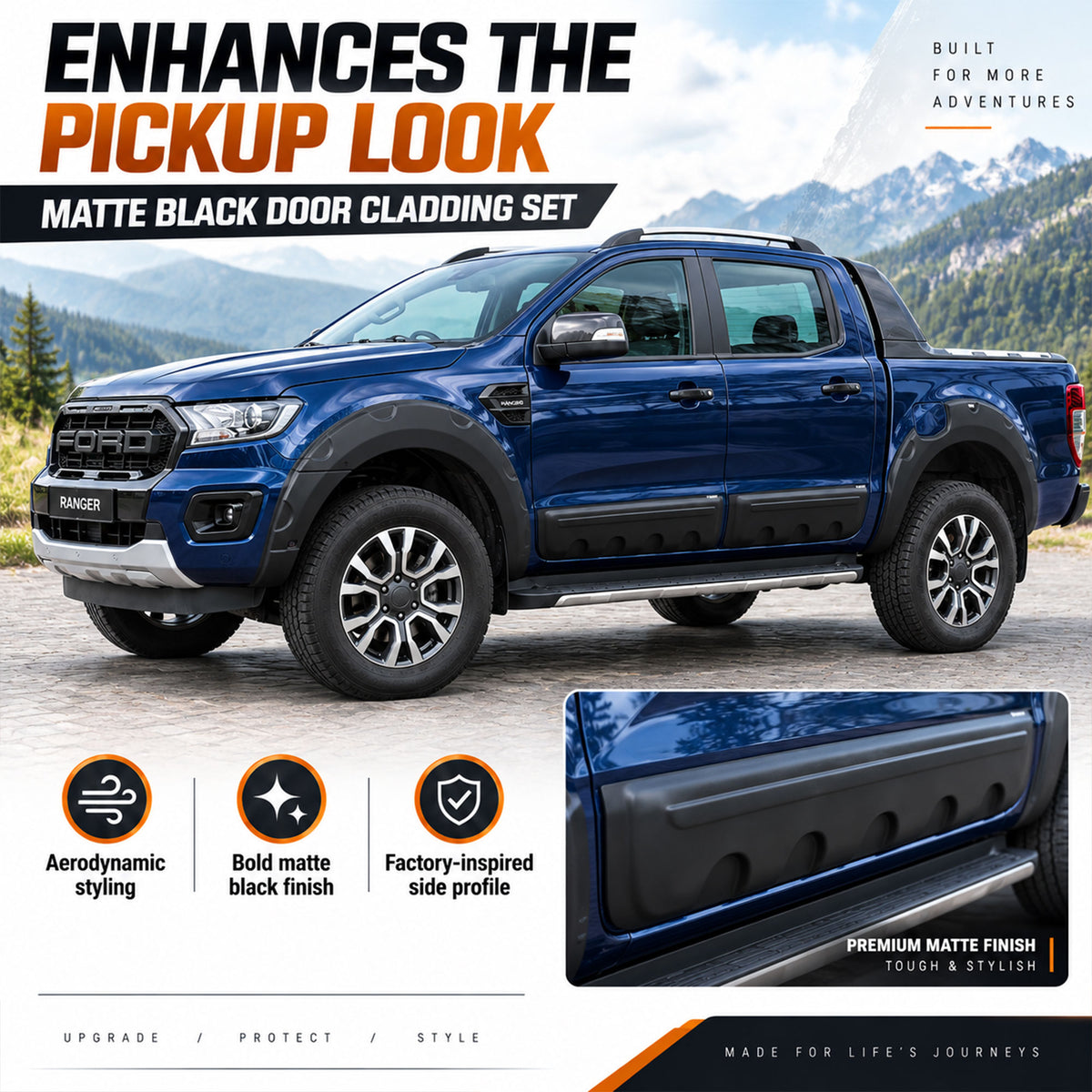 Side Door Cladding for Ford Ranger 2015-2022 4pc Black ABS Body Mouldings