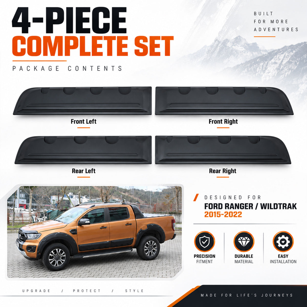Side Door Cladding for Ford Ranger 2015-2022 4pc Black ABS Body Mouldings