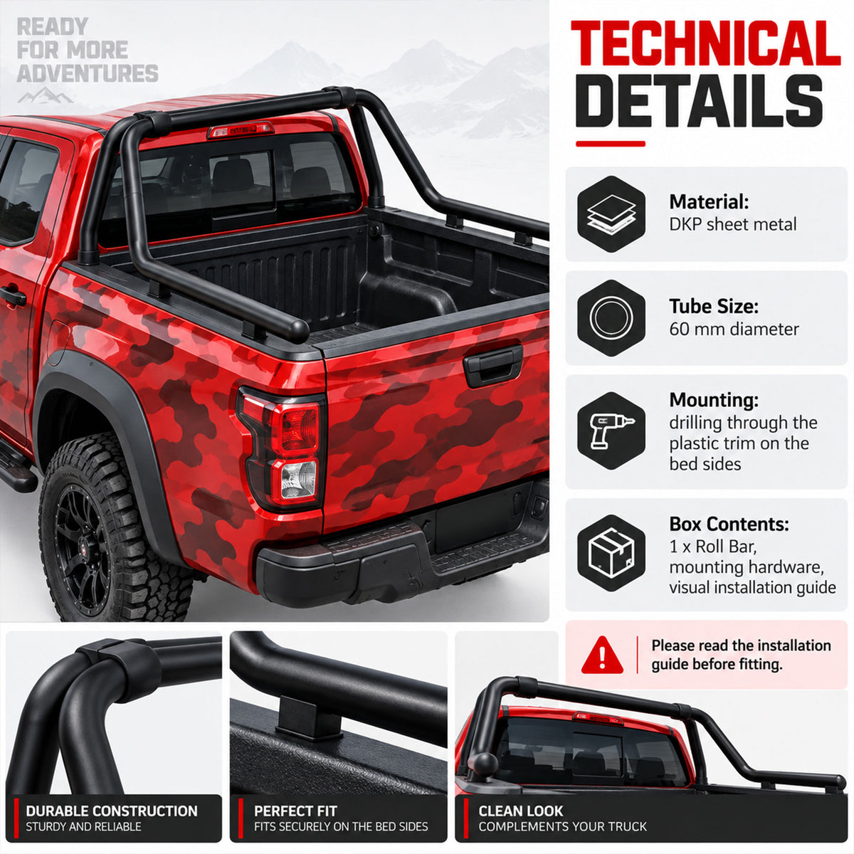 Roll Bar for Toyota Hilux 2006-2026 Pickup Sports Bar Black Steel 60mm