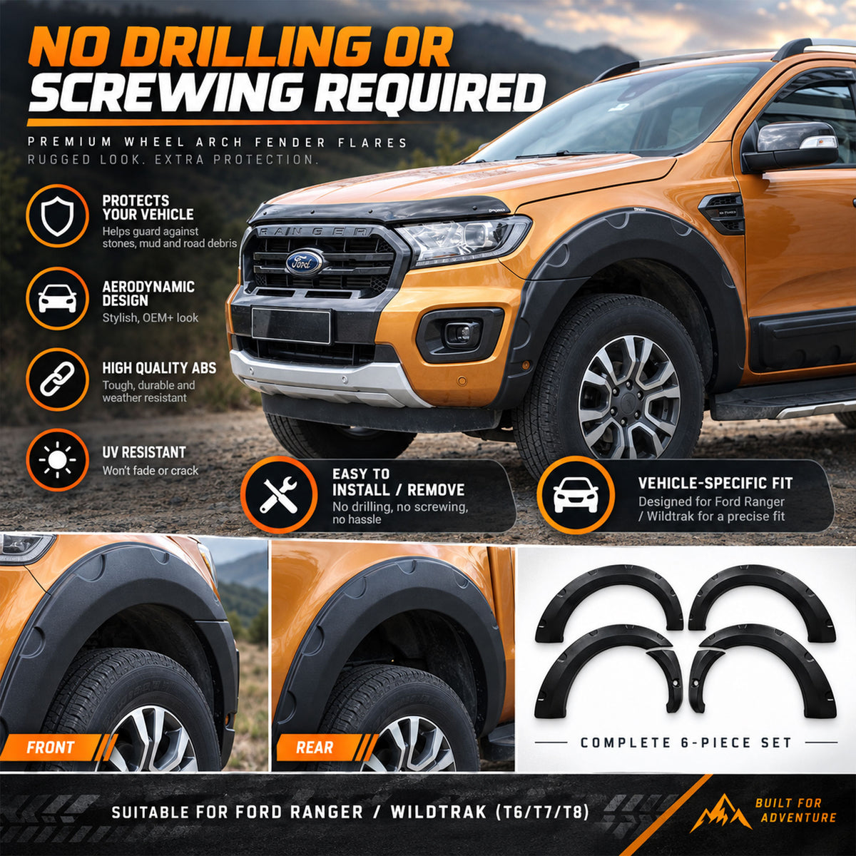 Wheel Arch Trims for Ford Ranger Wildtrak 2015-2022 6pc Black ABS Kit