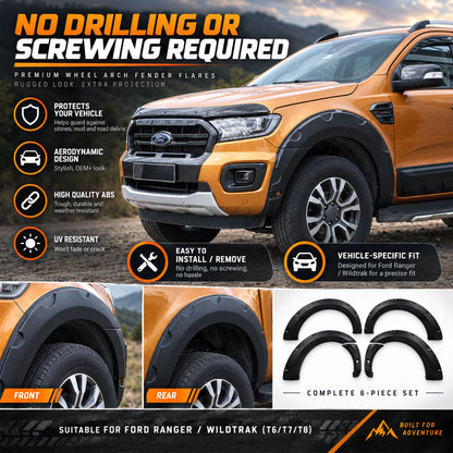 Wheel Arch Trims for Ford Ranger Wildtrak 2015-2022 6pc Black ABS Kit