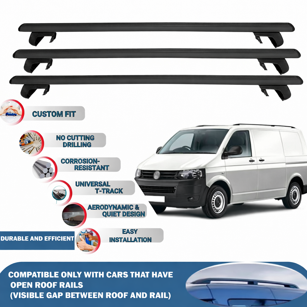 Roof Rack Cross Bars for Volkswagen T5 Transporter Cargo 2003-2015 3 Pcs Black