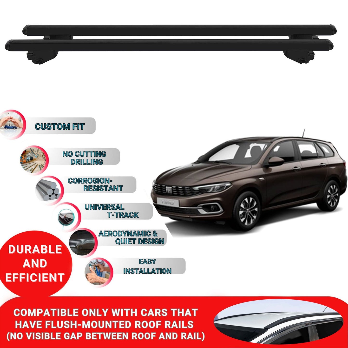 Roof Bars For Fiat Tipo Station Wagon 2015-2023 Roof Rack Cross Bars 2 Pcs Black