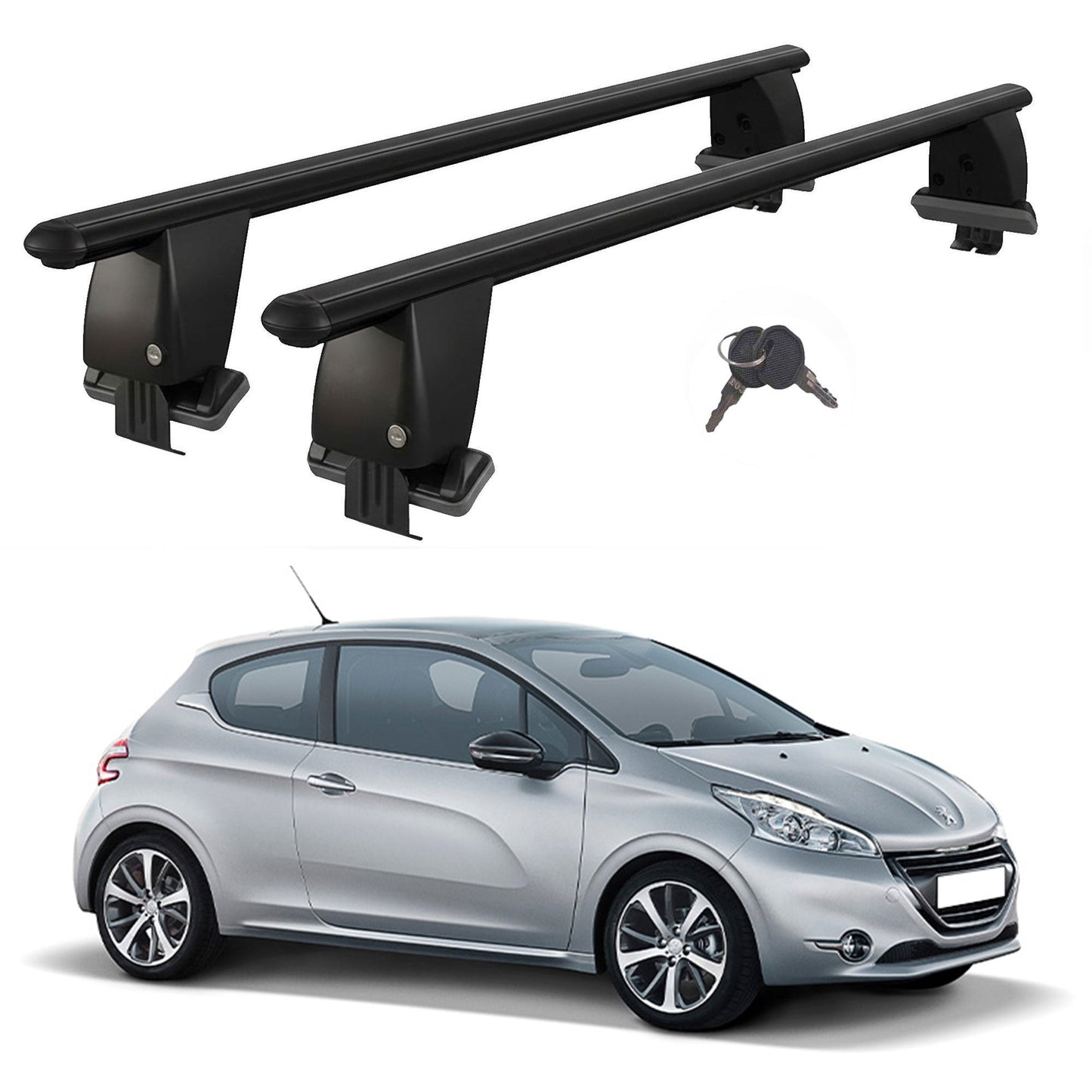 Roof Bars For Cars Without Rails For Peugeot 208 2012-2015 Lockable Black 2 Pcs